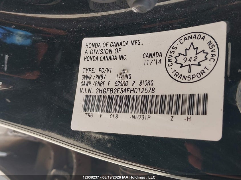 2015 HONDA CIVIC SEDAN 1.8L I4 FI SOHC 16V NF4