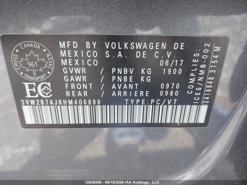 2017 Volkswagen Jetta S VIN: 3VW2B7AJ6HM406888 Lot: 12638256