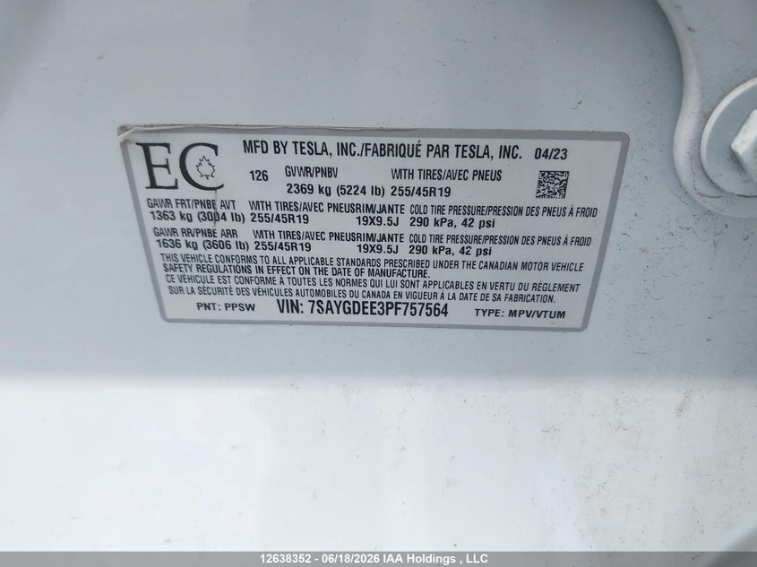 2023 Tesla Model Y Long Range VIN: 7SAYGDEE3PF757564 Lot: 12638352