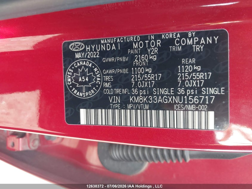 2022 Hyundai Kona Sel VIN: KM8K33AGXNU156717 Lot: 12638372