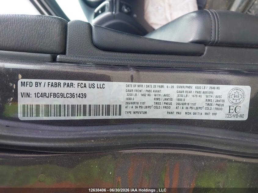 2020 Jeep Grand Cherokee Limited VIN: 1C4RJFBG9LC361439 Lot: 12638406