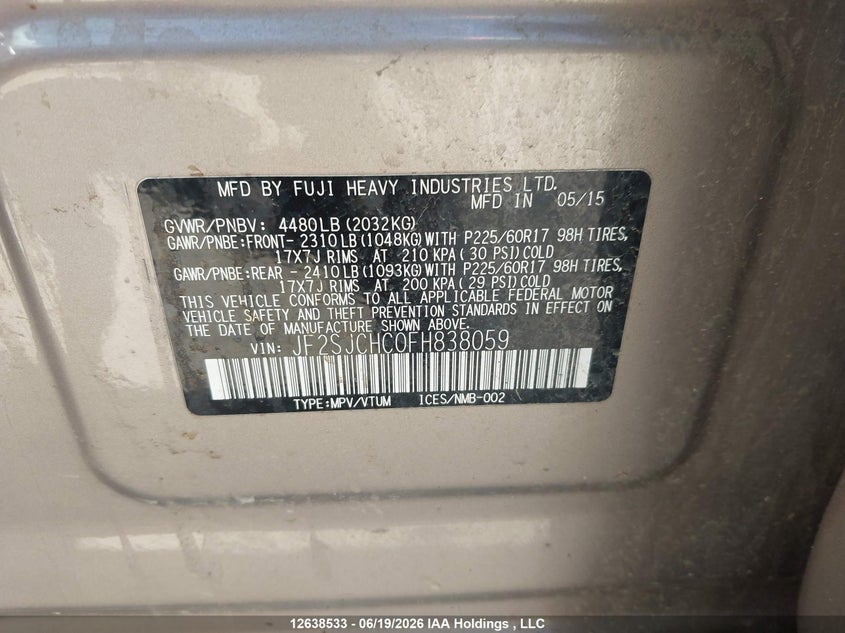 2015 Subaru Forester 2.5I Touring Package VIN: JF2SJCHC0FH838059 Lot: 12638533