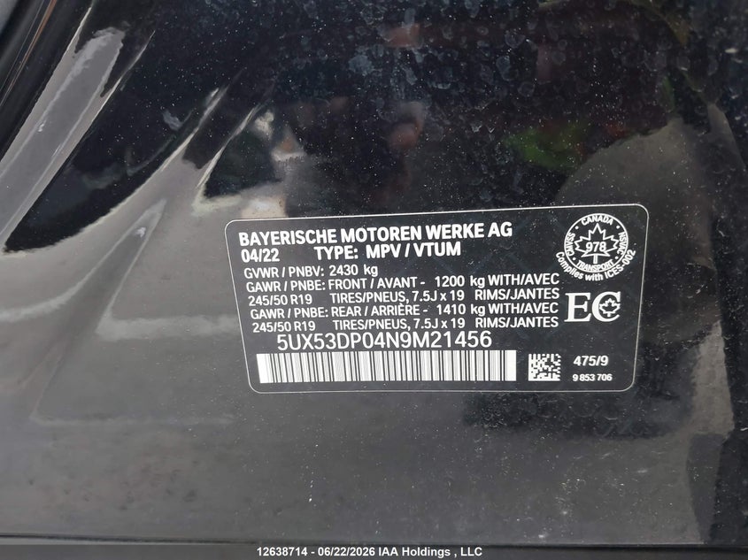 2022 BMW X3 xDrive30I VIN: 5UX53DP04N9M21456 Lot: 12638714