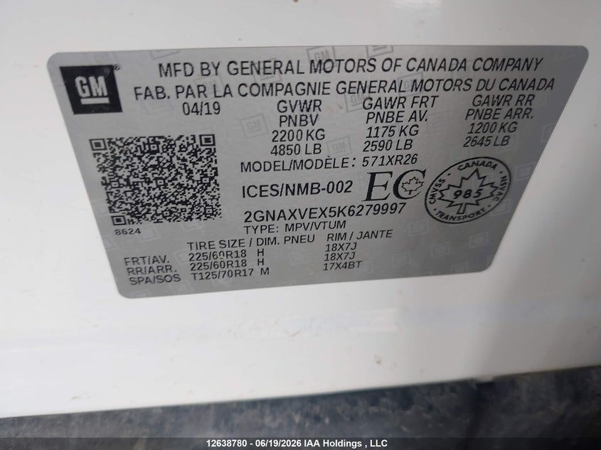 2019 Chevrolet Equinox Lt VIN: 2GNAXVEX5K6279997 Lot: 12638780