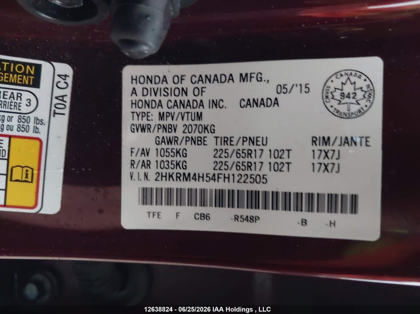 2015 Honda Cr-V Ex VIN: 2HKRM4H54FH122505 Lot: 12638824