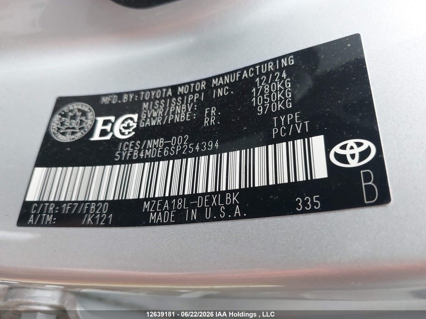 2025 Toyota Corolla Le VIN: 5YFB4MDE6SP254394 Lot: 12639181