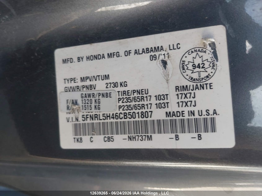 2012 HONDA ODYSSEY VAN 3.5L V-6 VVT, 248HP