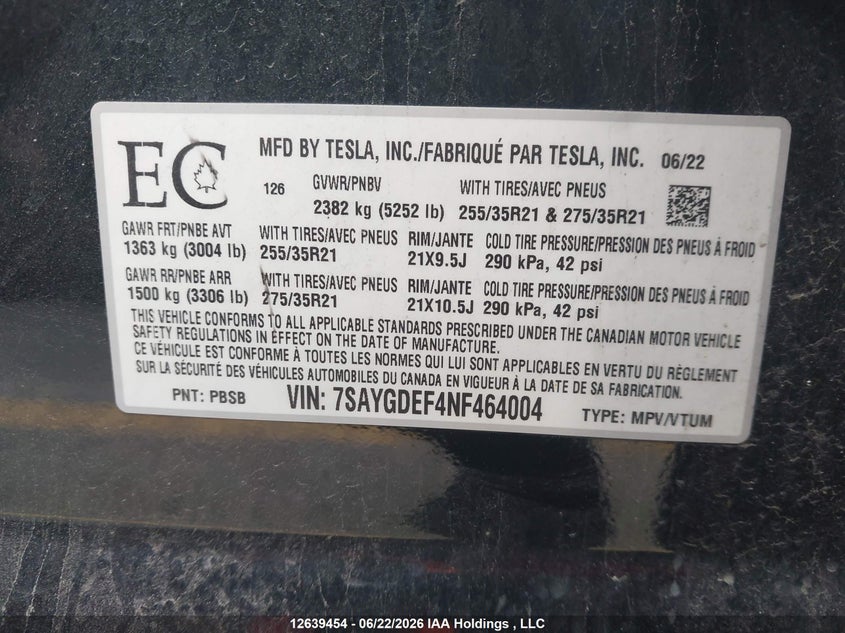 2022 TESLA MODEL Y SPORT UTILITY VEHICLE ELECTRIC