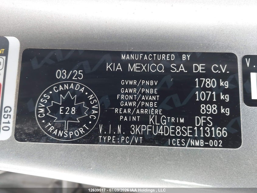 2025 Kia K4 Ex/Ex+ VIN: 3KPFU4DE8SE113166 Lot: 12639517