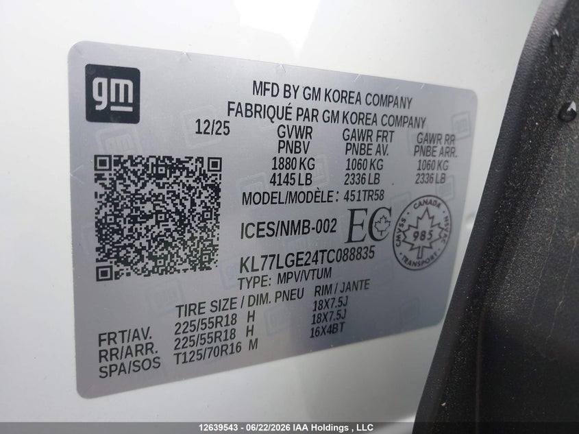 2026 Chevrolet Trax 1Rs Fwd VIN: KL77LGE24TC088835 Lot: 12639543