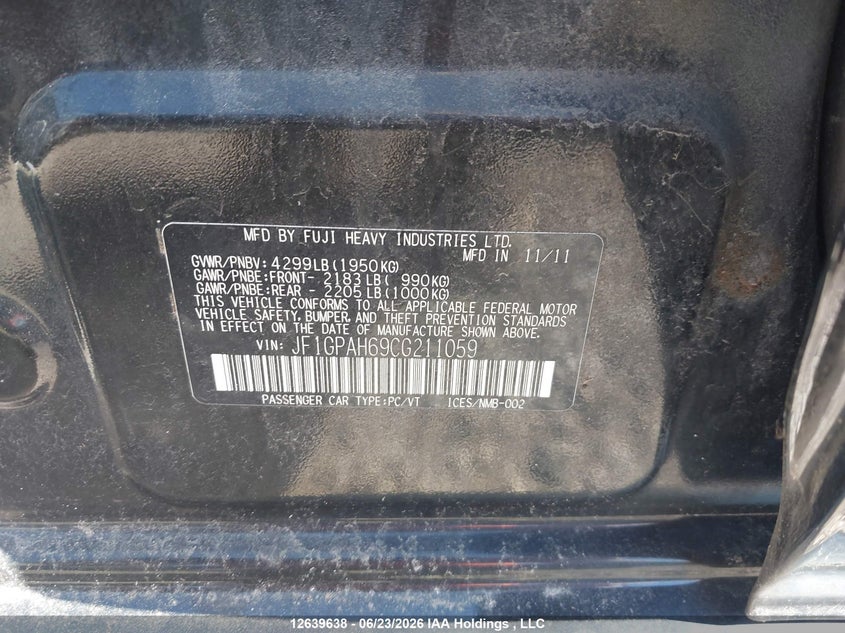 2012 SUBARU IMPREZA SEDAN 2.0L H-4 DOHC, VVT, 148HP