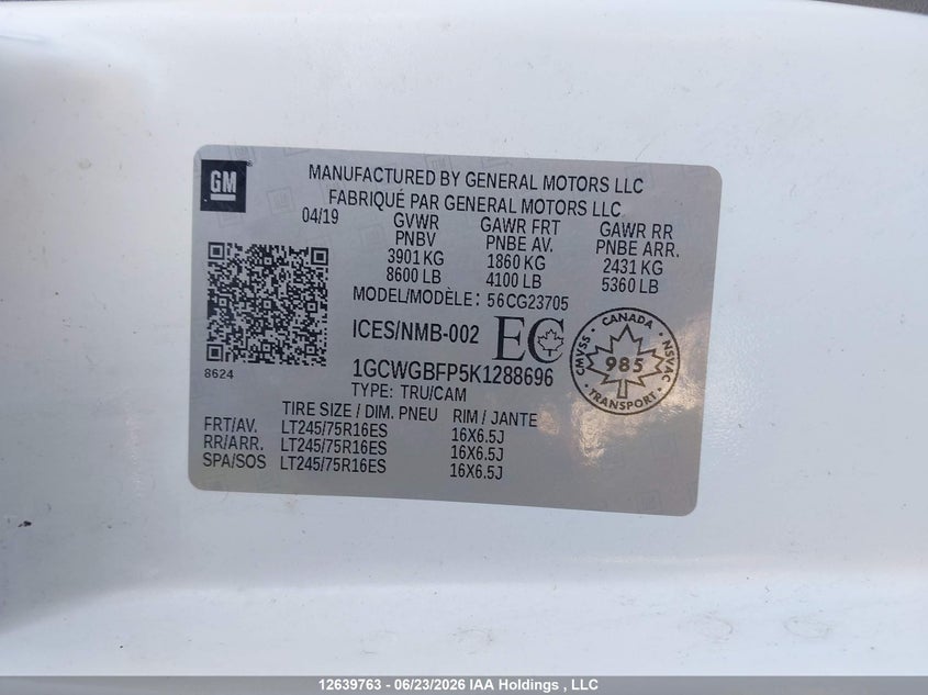 2019 Chevrolet Express 2500 VIN: 1GCWGBFP5K1288696 Lot: 12639763