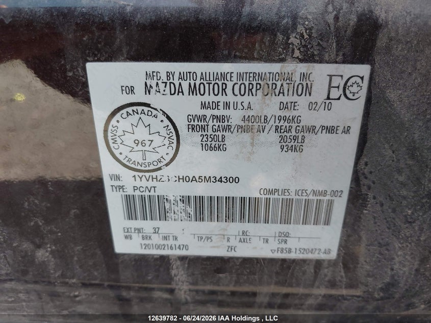 2010 Mazda 6 I VIN: 1YVHZ8CH0A5M34300 Lot: 12639782