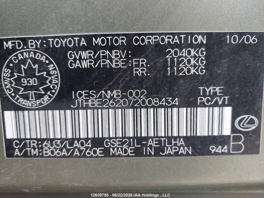 2007 Lexus Is 350 VIN: JTHBE262072008434 Lot: 12639785