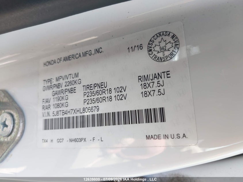 2017 Acura Rdx Elite VIN: 5J8TB4H7XHL806679 Lot: 12639800