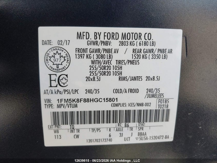 2017 Ford Explorer Limited VIN: 1FM5K8F88HGC15801 Lot: 12639815