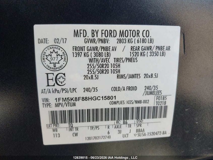 2017 Ford Explorer Limited VIN: 1FM5K8F88HGC15801 Lot: 12639815