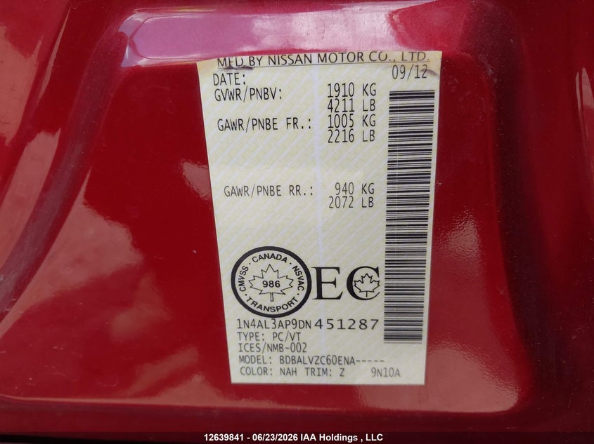 2013 Nissan Altima 2.5/S/Sv/Sl VIN: 1N4AL3AP9DN451287 Lot: 12639841