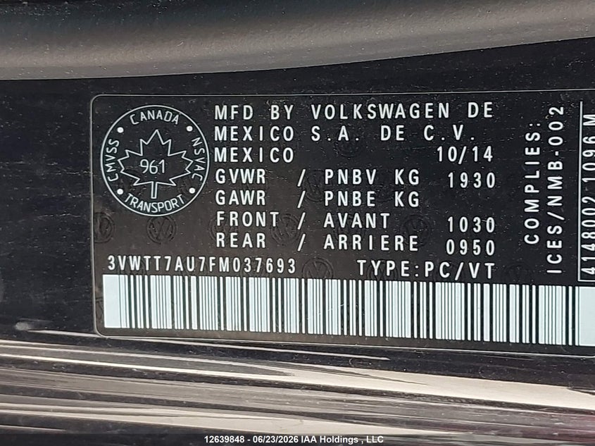 2015 Volkswagen Gti VIN: 3VWTT7AU7FM037693 Lot: 12639848