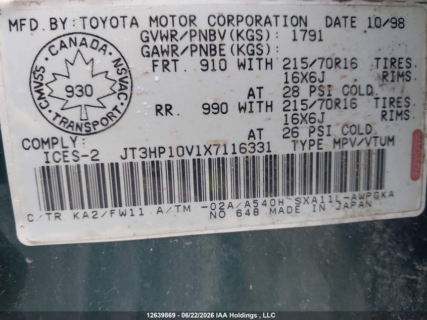 1999 Toyota Rav4 VIN: JT3HP10V1X7116331 Lot: 12639869