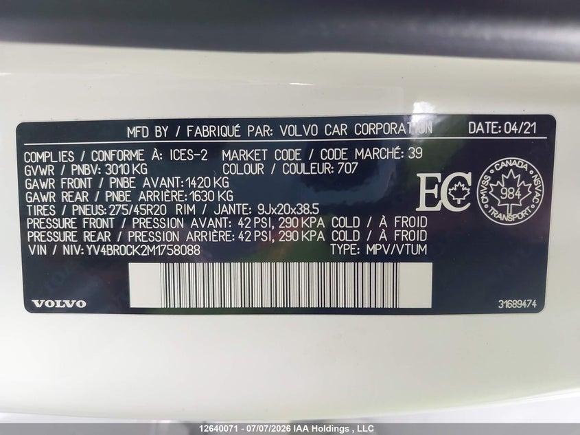 2021 Volvo Xc90 T8 VIN: YV4BR0CK2M1758088 Lot: 12640071