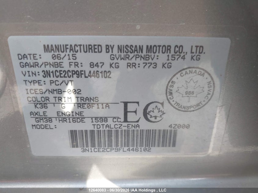 2015 Nissan Versa Note 1.6 S/1.6 Sl/1.6 Sr/1.6 Sv VIN: 3N1CE2CP9FL446102 Lot: 12640083