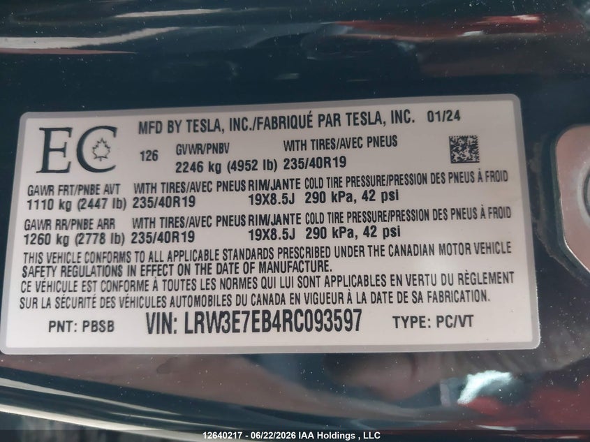 2024 Tesla Model 3 VIN: LRW3E7EB4RC093597 Lot: 12640217