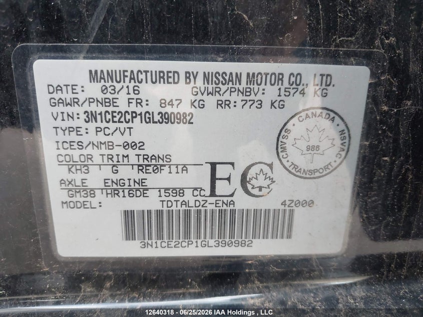 2016 Nissan Versa Note 1.6 S/1.6 Sl/1.6 Sr/1.6 Sv VIN: 3N1CE2CP1GL390982 Lot: 12640318