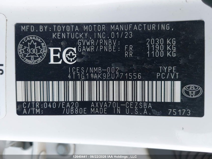 2023 Toyota Camry VIN: 4T1G11AK9PU771556 Lot: 12640441