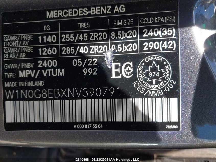 2022 Mercedes-Benz Glc 300 4Matic VIN: W1N0G8EBXNV390791 Lot: 12640468
