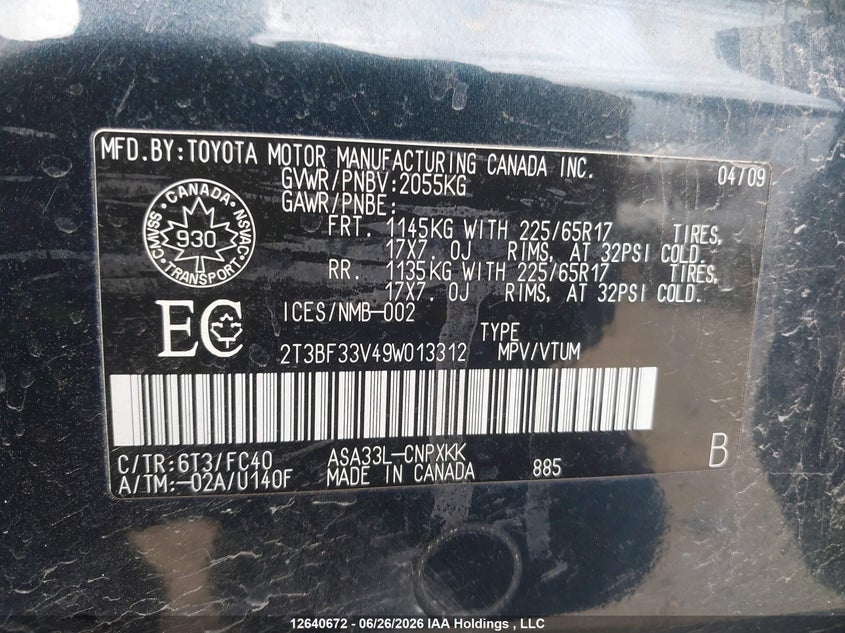 2009 Toyota Rav4 VIN: 2T3BF33V49W013312 Lot: 12640672