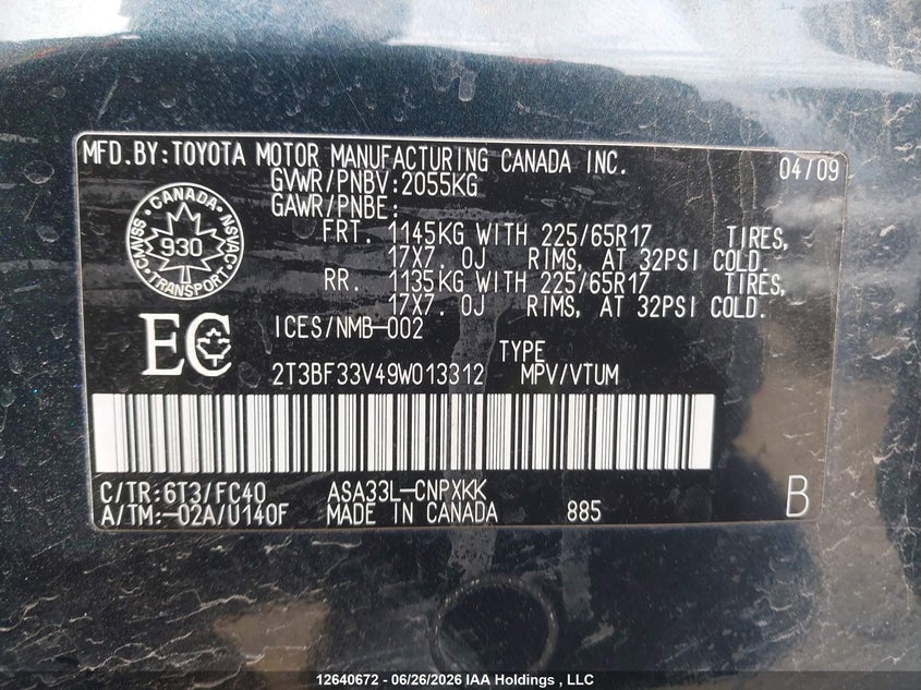 2009 Toyota Rav4 VIN: 2T3BF33V49W013312 Lot: 12640672