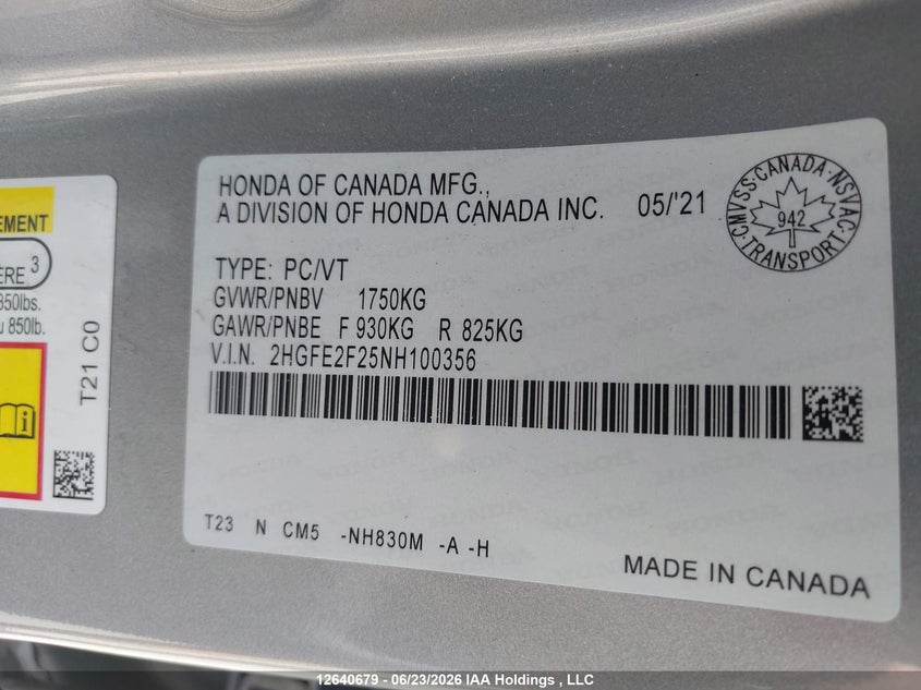 2022 HONDA CIVIC SEDAN 2.0L I-4 DOHC, VVT, 158HP