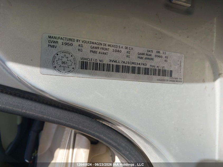 2012 VOLKSWAGEN JETTA SEDAN 2.0L I4 FI 16V NF4