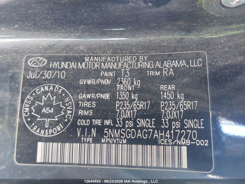 2010 HYUNDAI SANTA FE SPORT UTILITY VEHICLE 3.5L V-6 DOHC, VVT, 276HP