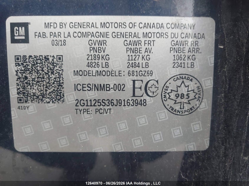2018 Chevrolet Impala VIN: 2G1125S36J9163948 Lot: 12640970