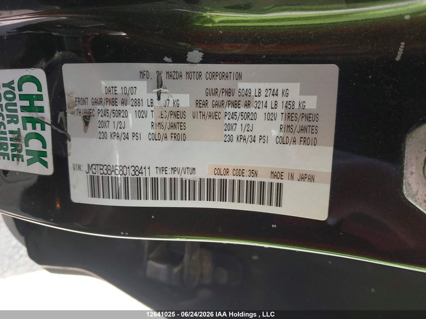 2008 MAZDA CX-9 SPORT UTILITY VEHICLE 3.7L V6 FI DOHC 24V F4