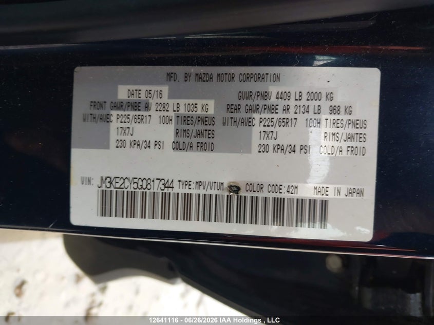 2016 MAZDA CX-5 SPORT UTILITY VEHICLE 2.5L I-4 DI, DOHC, VVT, 184HP