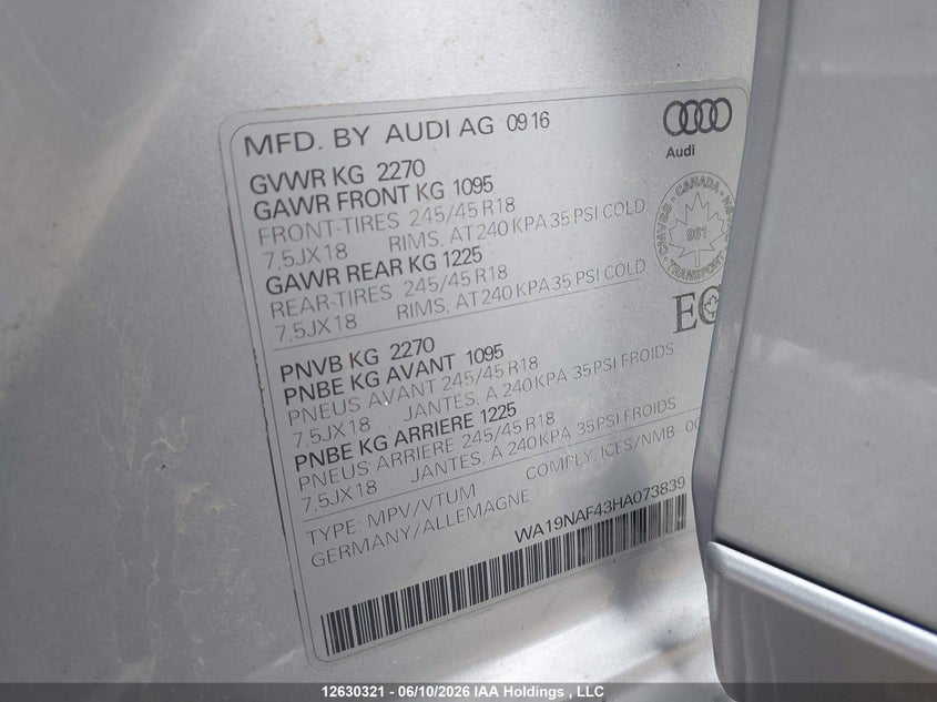 2017 Audi A4 Allroad 2.0T Technik VIN: WA19NAF43HA073839 Lot: 12630321X