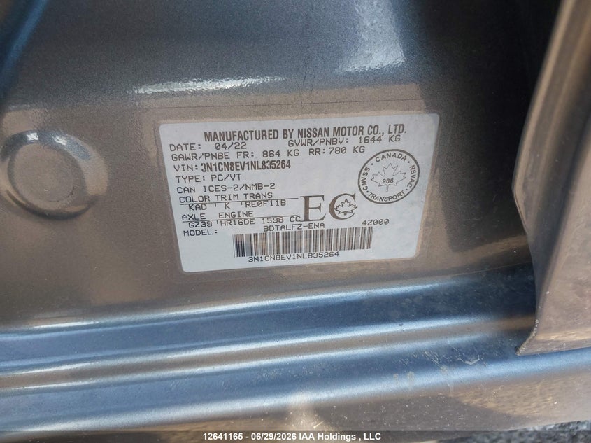 2022 Nissan Versa Sv VIN: 3N1CN8EV1NL835264 Lot: 12641165