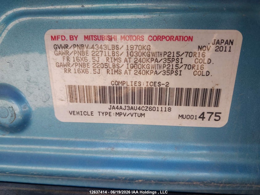 2012 Mitsubishi Rvr Se VIN: JA4AJ3AU4CZ601118 Lot: 12637414X