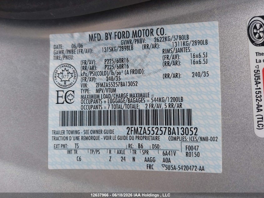 2007 FORD FREESTAR VAN 4.2L V6 FI F