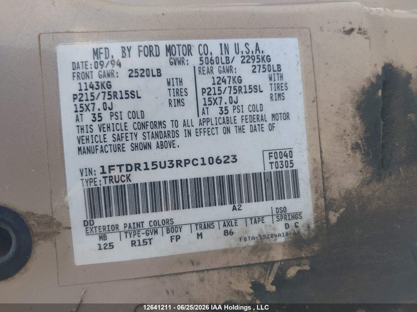 1994 Ford Ranger Super Cab VIN: 1FTDR15U3RPC10623 Lot: 12641211