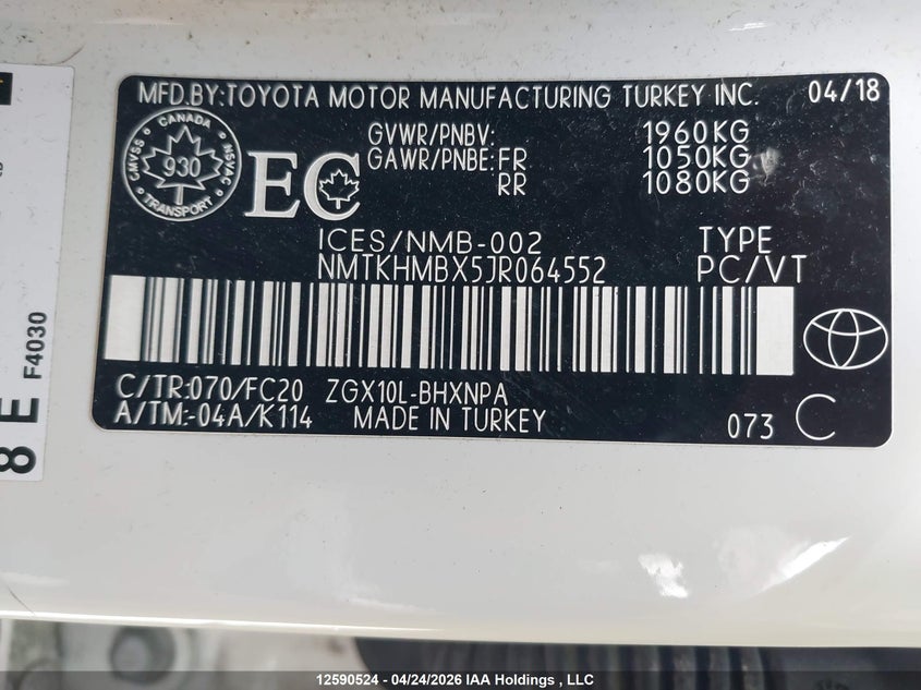 2018 Toyota C-Hr Xle VIN: NMTKHMBX5JR064552 Lot: 12590524X