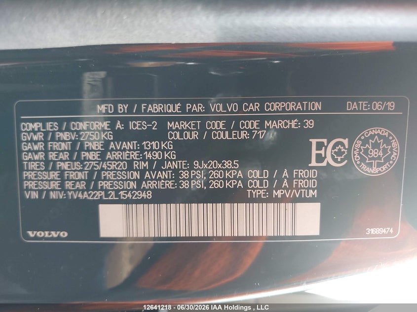 2020 Volvo Xc90 T6 Inscription VIN: YV4A22PL2L1542948 Lot: 12641218