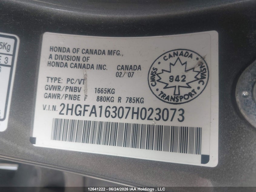 2007 HONDA CIVIC SEDAN 1.8L I-4 VVT, 140HP