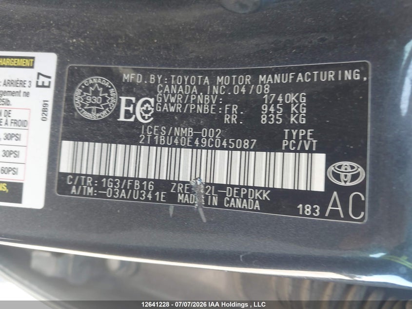 2009 TOYOTA COROLLA SEDAN 1.8L I-4 DOHC, VVT, 132HP