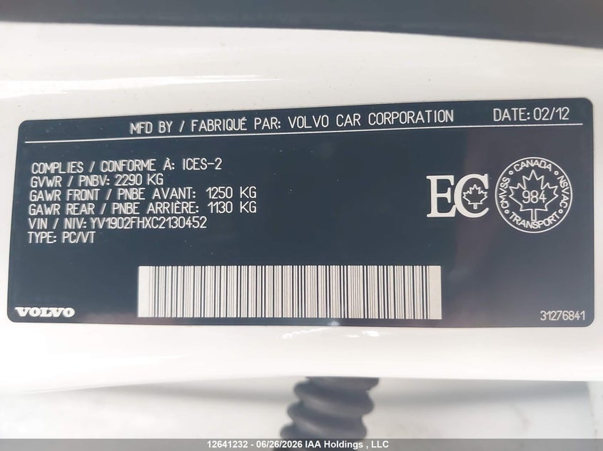 2012 Volvo S60 T6 VIN: YV1902FHXC2130452 Lot: 12641232