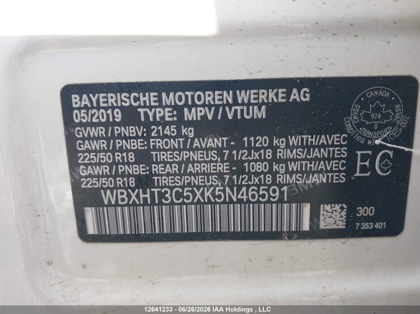 2019 BMW X1 xDrive28I VIN: WBXHT3C5XK5N46591 Lot: 12641233