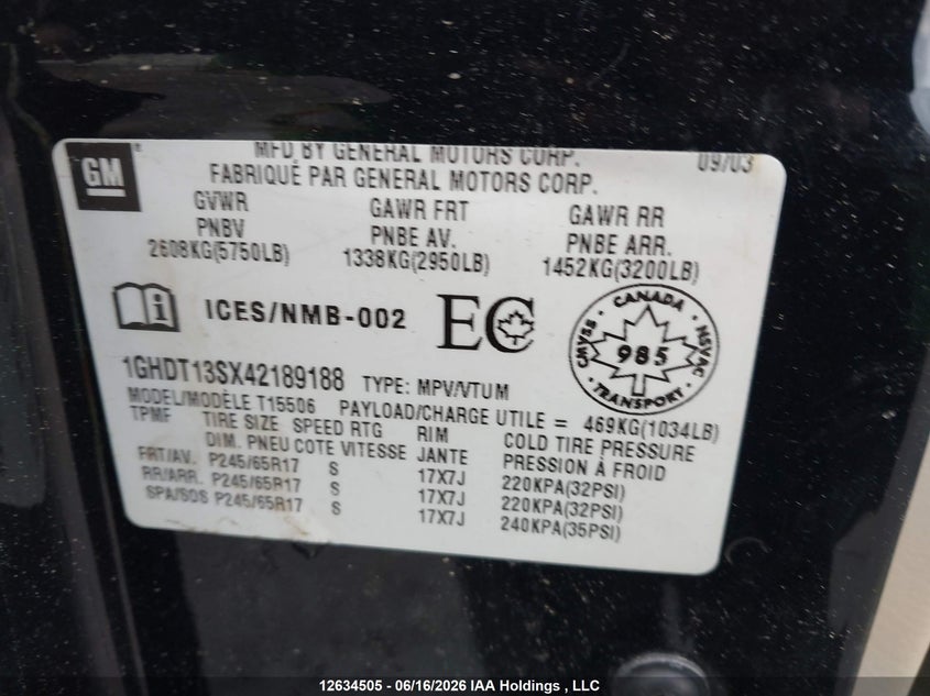 2004 Oldsmobile Bravada VIN: 1GHDT13SX42189188 Lot: 12634505X